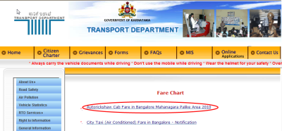 Bangalore RTO outdated Auto Fare Chart